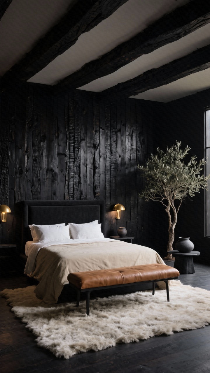 Dramatic wide shot featuring blackened timber: charred or black-stained wood accent wall and ceiling beams; low black-framed bed with cream linens; camel leather bench at the foot; brass dome sconces casting warm highlights on the dark wood; oversized plush off-white rug grounding the floor; charcoal pottery on a black side table and a tall olive tree in the corner; moody, cinematic evening lighting.