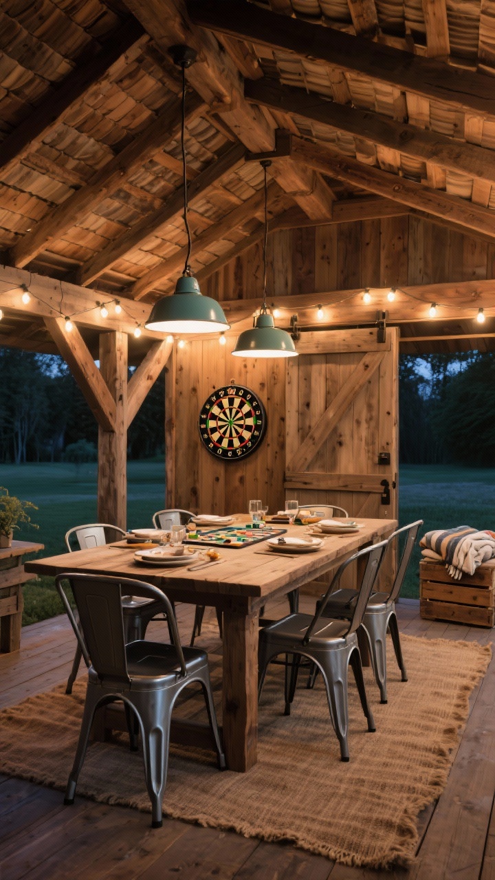 Evening medium shot inside a rustic game night pavilion: timber-frame gazebo with cedar shingles and open beams; sturdy farm table at center used for dinner and board games, surrounded by tolix-style metal chairs; café lights strung along beams, enamel pendant lights overhead; vintage dartboard on one side and a leaned barn door backdrop; jute runner and a crate of blankets; convivial glow, side angle.
