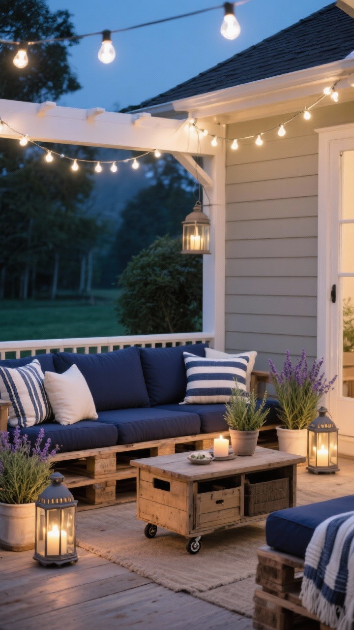 Evening wide shot of a back-porch lounge: bench or pallet sofa with outdoor-safe cushions, a crate coffee table on casters for storage, and string lights casting warm white glow overhead. Lanterns with LED candles, layered striped throws, and potted rosemary and lavender. Palette navy, cream, natural wood; cozy twilight ambiance, photorealistic.