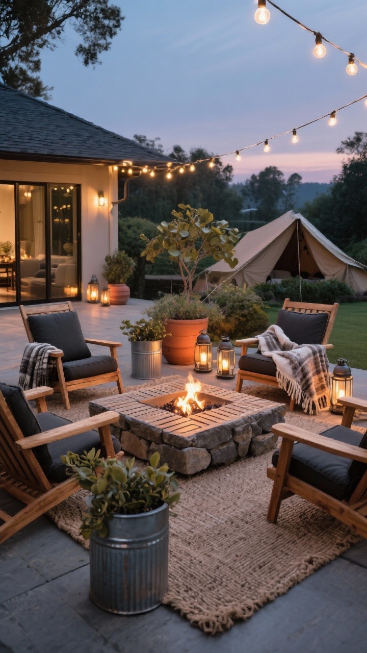 Fireside patio, twilight wide shot: teak lounge chairs with charcoal cushions surrounding a stone fire pit, chunky slatted teak coffee table, weatherproof jute-look rug underfoot, planters in galvanized steel and terracotta with olive-tone foliage, café lights strung overhead, wool camp blankets draped over chairs, and a lantern set adding glow; photorealistic, cozy outdoor ambiance.