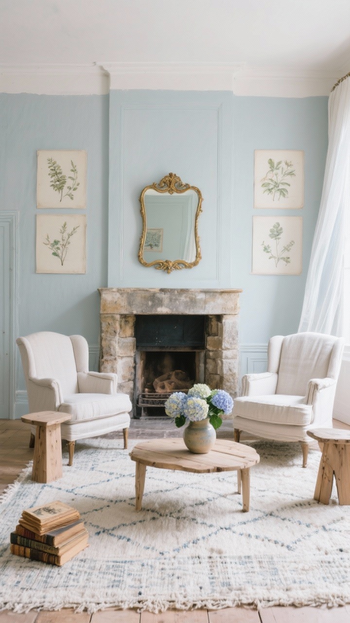 French country rustic sitting room, wide shot: two linen bergère chairs facing a weathered stone fireplace; palette of ivory, dove gray, and pale blue; limed oak side tables with delicate botanical prints on the walls; flatweave rug underfoot; antique books, a ceramic pitcher of hydrangeas, and a lightly patinated gilt mirror above the mantel; sheer drapes moving in soft daylight.