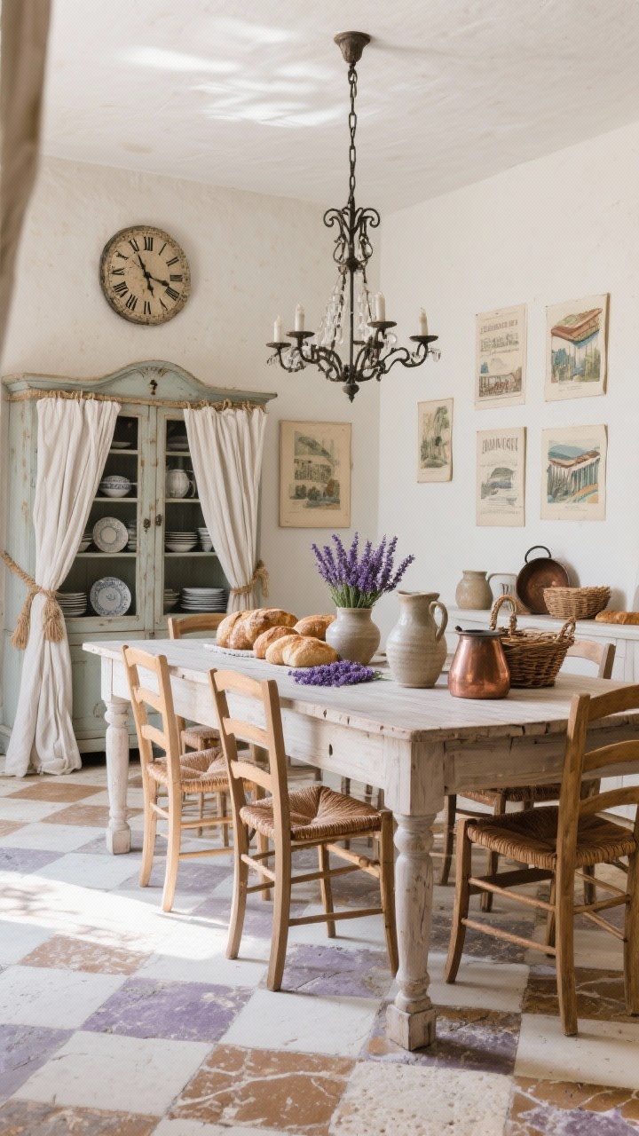 French provincial rustic wide, straight-on view: checkerboard stone flooring in tan and cream, limed oak farmhouse table centered with cane-back chairs, antique armoire for dishes, linen drapes tied with jute, wrought-iron chandelier above, tabletop styled with lavender sprigs, bread loaves, rustic ceramic pitchers, vintage bread baskets and copper pots nearby, French market prints on the wall, and a wall clock with Roman numerals and aged face; palette limestone, cream, soft gray, lavender; sunlit, old-world charm.
