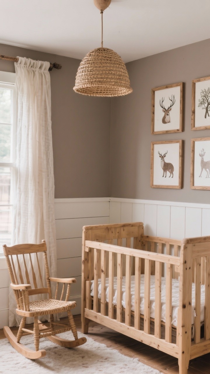 Gentle medium shot of a rustic nursery: mushroom taupe walls, a warm wood crib set against a shiplap accent wall. Include a rocking chair, muslin curtains, and a woven pendant light. On the wall, woodland animal prints in unfinished wood frames. Materials pine, cotton muslin, rattan; soft, soothing lighting, photorealistic.