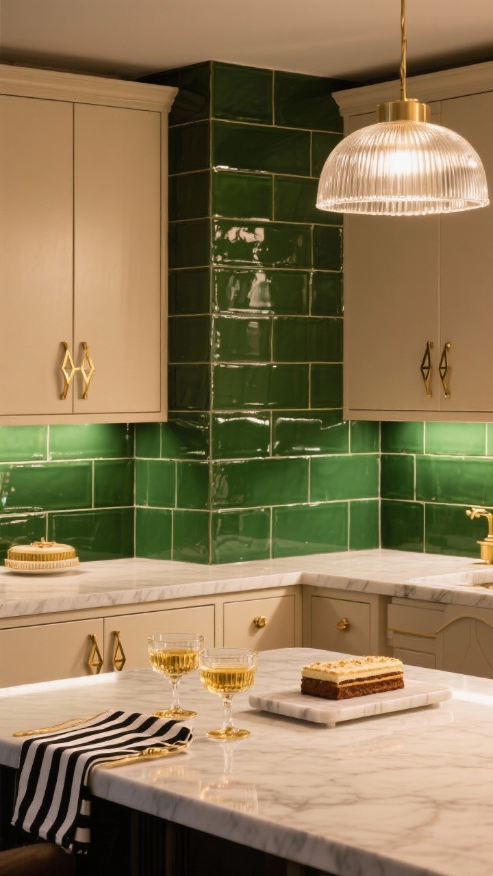 Glam Art-Deco medium shot: glossy emerald green subway tiles stacked vertically to elongate the wall, creamy mushroom-toned cabinets, geometric brass pulls, a reeded glass pendant light, marble pastry slab on the counter, styled with black-and-white striped napkins and a pair of gold-rimmed coupes; evening glow with warm highlights.