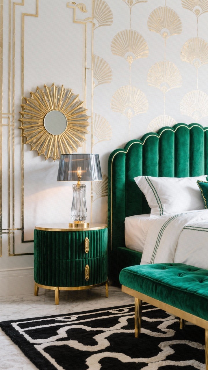 Glam Art Deco revival closeup vignette: scalloped velvet headboard in emerald, fluted nightstand with brass accents, round sunburst mirror partially in frame; black-and-cream deco rug pattern visible at the bedside, fan-motif wallpaper on the headboard wall, smoked glass lamp, satin-trim bedding and a jewel-toned bench edge; crisp, glamorous lighting highlighting geometric lines.