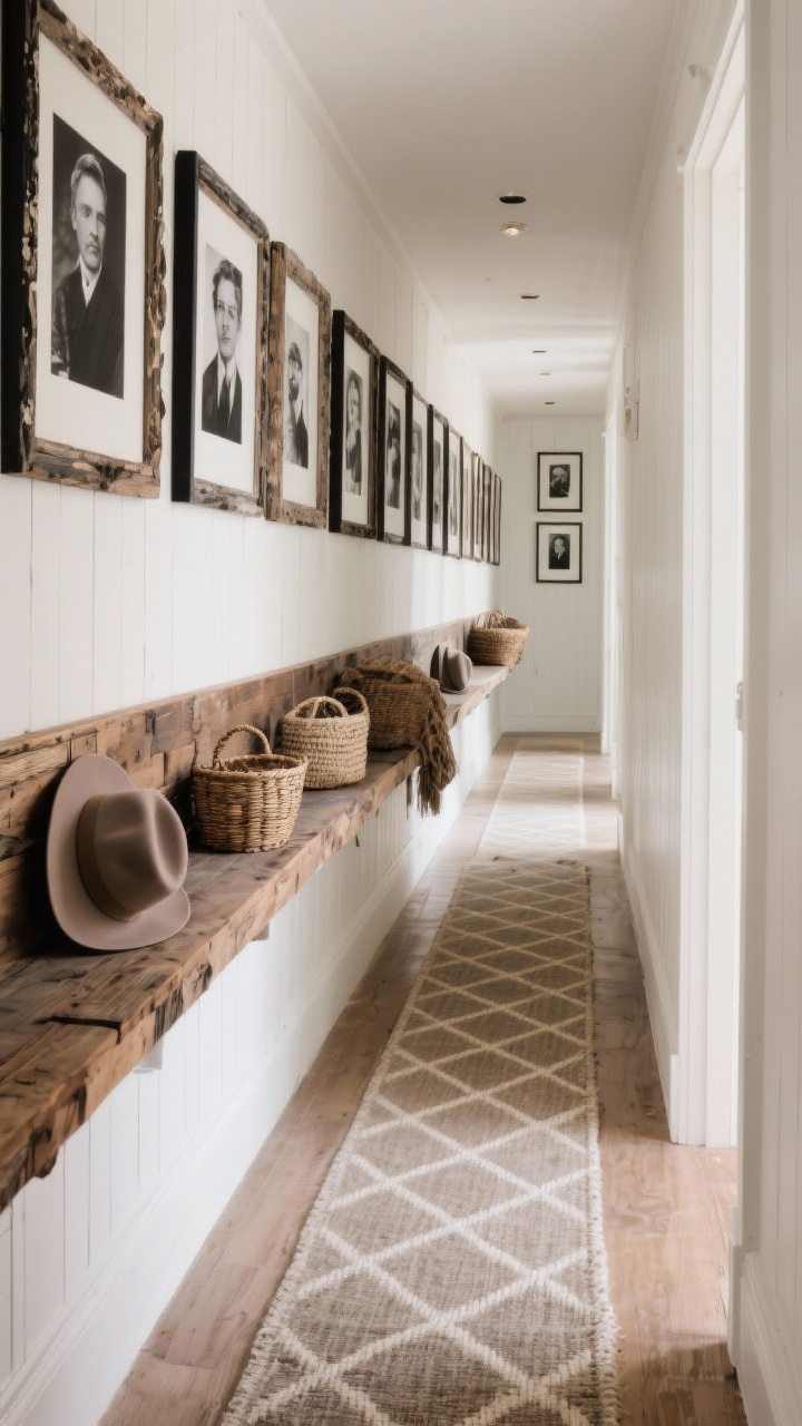 Hallway, straight-on at eye level: a tight linear gallery of black-and-white portraits in thick rustic frames with consistent spacing; wooden wall-mounted ledge below holding hats and baskets; runner with soft diamond pattern underfoot; palette white, walnut, black frame accents; textures chippy wood, woven textiles, matte paper; warm ambient lighting; photorealistic.