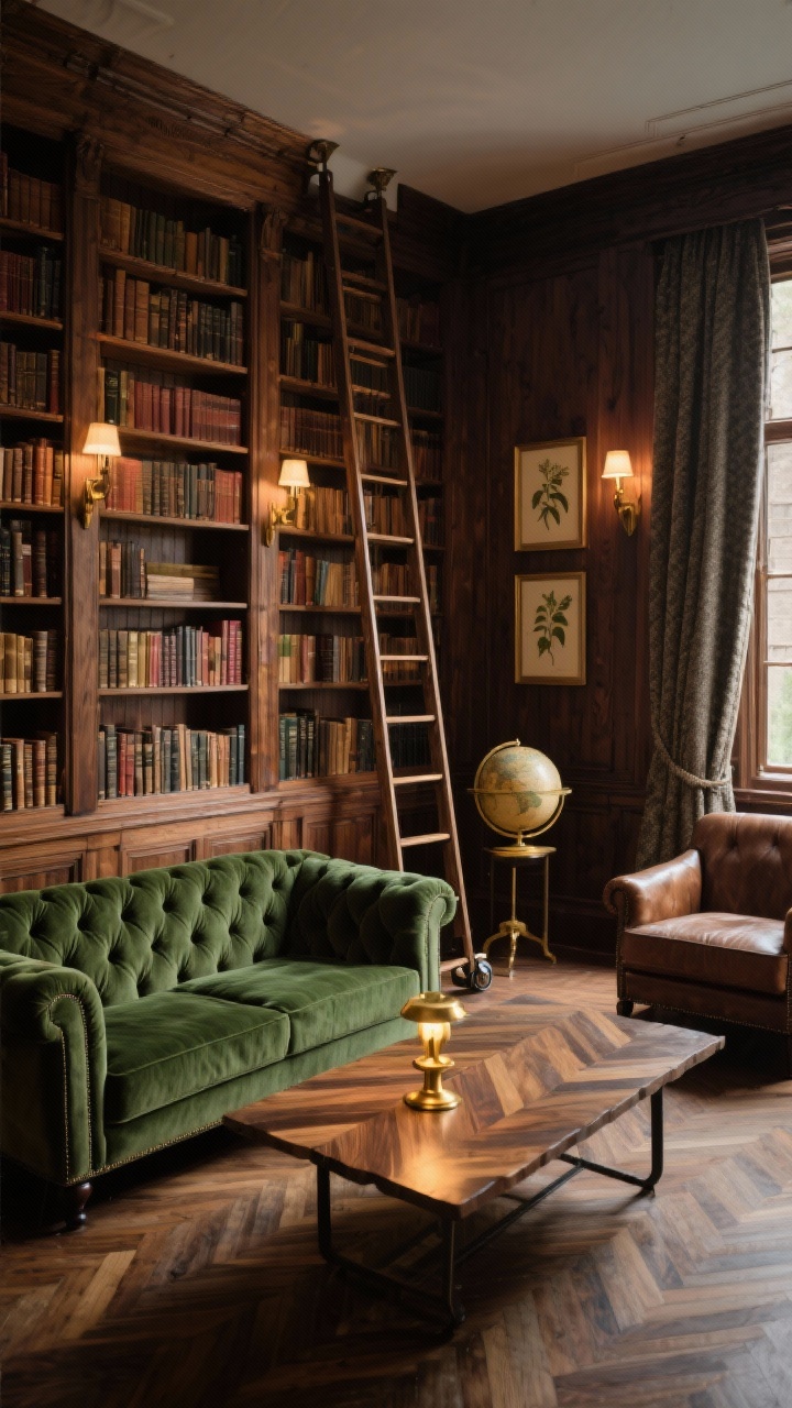 Heritage rustic library, wide shot from a corner: floor-to-ceiling stained walnut bookcases with a rolling library ladder, tufted velvet sofa in forest green, chunky parquet coffee table, brass picture lights illuminating shelves, leather club chairs, and wool curtains; a classic globe on a stand and framed botanical prints; warm brass-accented evening lighting, rich and cozy.