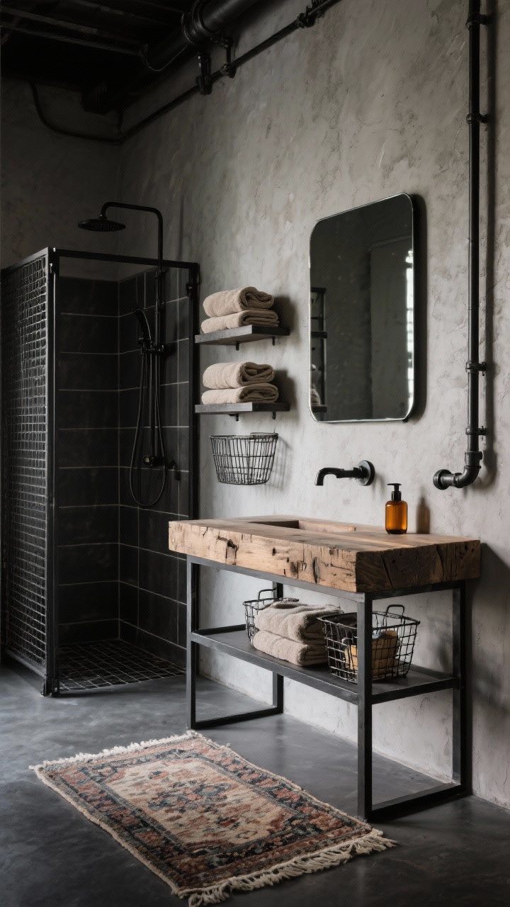 Industrial rustic detail/medium shot focusing on texture: microcement walls, a steel-framed vanity with a chunky reclaimed wood top, and a charcoal concrete floor partly covered by a vintage rug; exposed plumbing in blackened steel; grid-style steel shower screen in the background; rectangular pivot mirror above; open shelves with stacked neutral towels, wire baskets, and amber soap dispensers; moody, directional lighting; photorealistic.