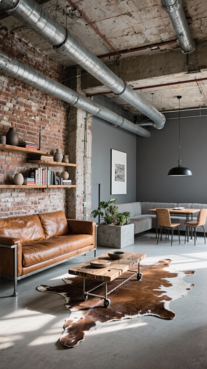 Industrial-rustic loft, wide shot: exposed brick walls and raw ceiling beams, a steel-framed sofa in cognac leather, reclaimed wood coffee table on metal casters, cool neutrals with warm wood accents; pipe bookshelf styled with books and ceramics; dining nook with linear black pendant; concrete planters, a cowhide rug, and a graphite gray accent wall; late-afternoon light with crisp shadows.