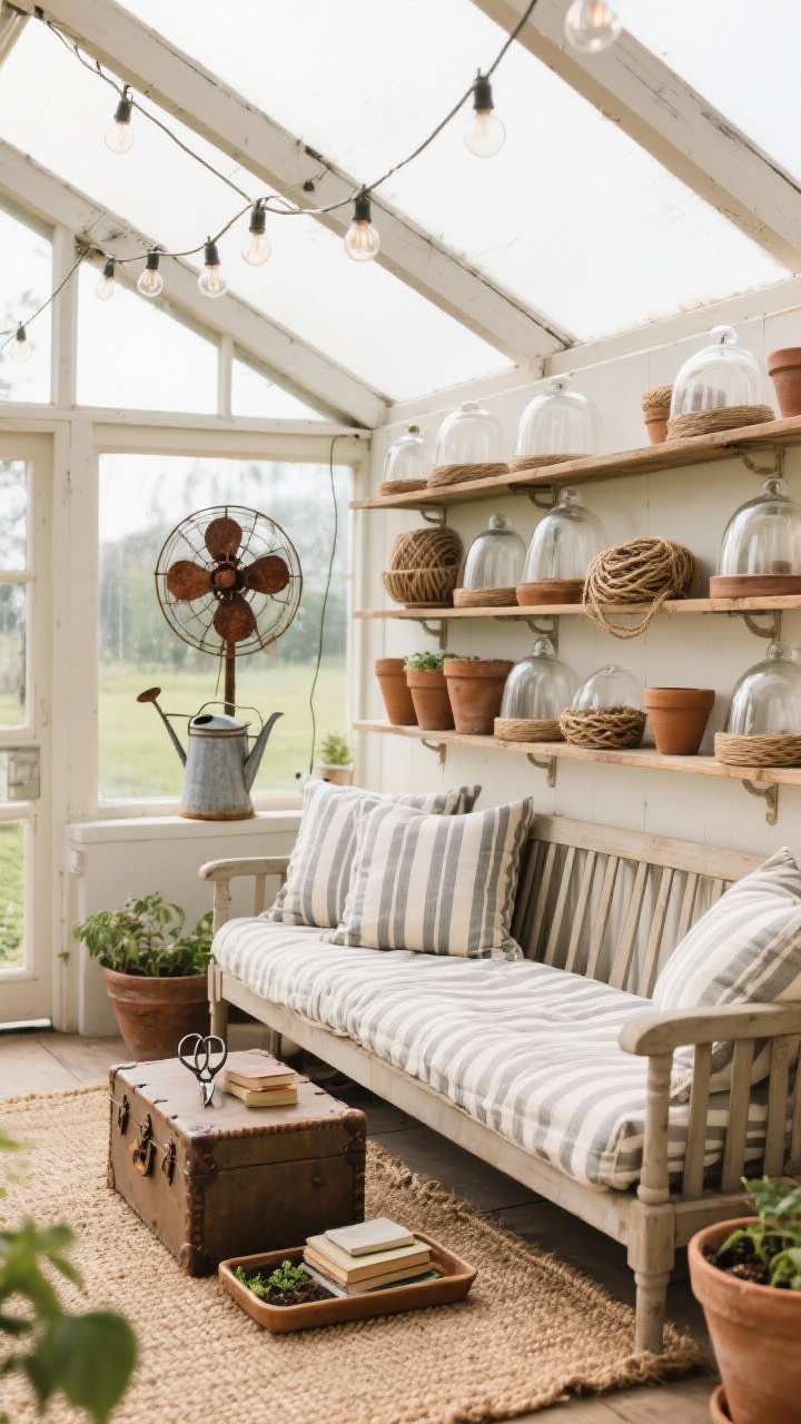 Interior greenhouse medium shot, country lounge style: slatted daybed with ticking stripe cushions on a woven jute rug; small trunk used for books and garden scissors; potting trays retained along one side; shelves filled with clay pots, vintage glass cloches, and twine; rusted metal fan and zinc watering cans; string lights in rafters for a dreamy, lived-in farm vibe; soft diffused light through glass.