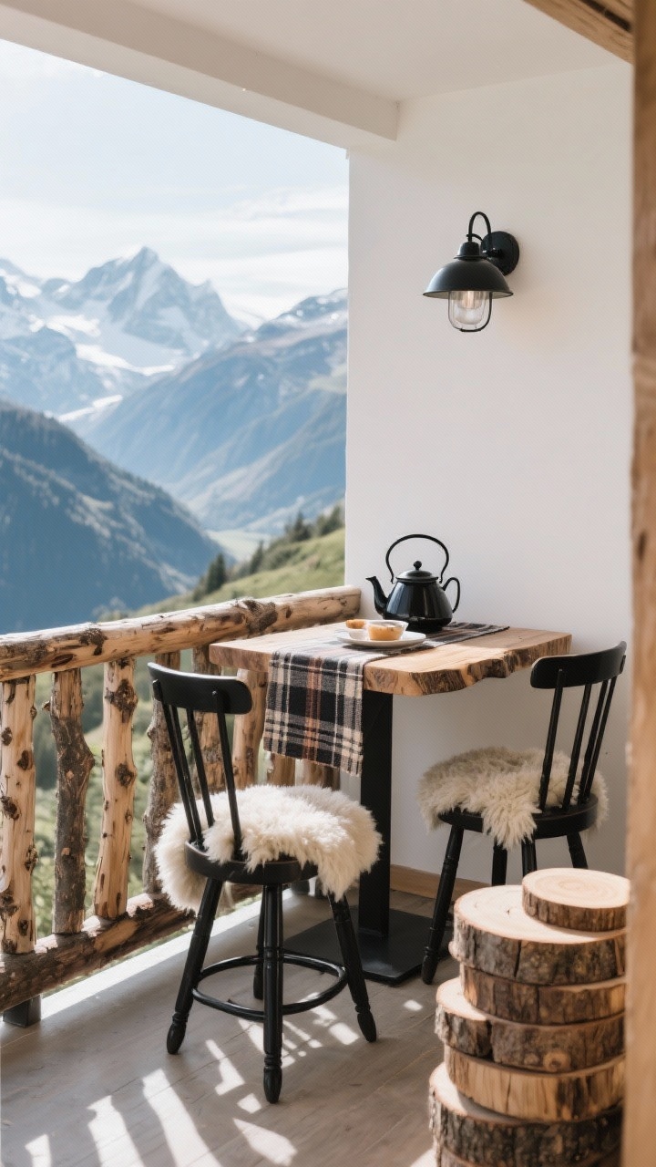 Intimate balcony medium shot for an alpine breakfast: small upper deck with a live-edge café table and two spindle-back stools facing a mountain view; railing wrapped with split logs; sheepskins draped over each seat; black metal sconce on wall; enamel teapot on the table with a plaid runner; stack of wood rounds used as side tables; crisp morning light, corner perspective.