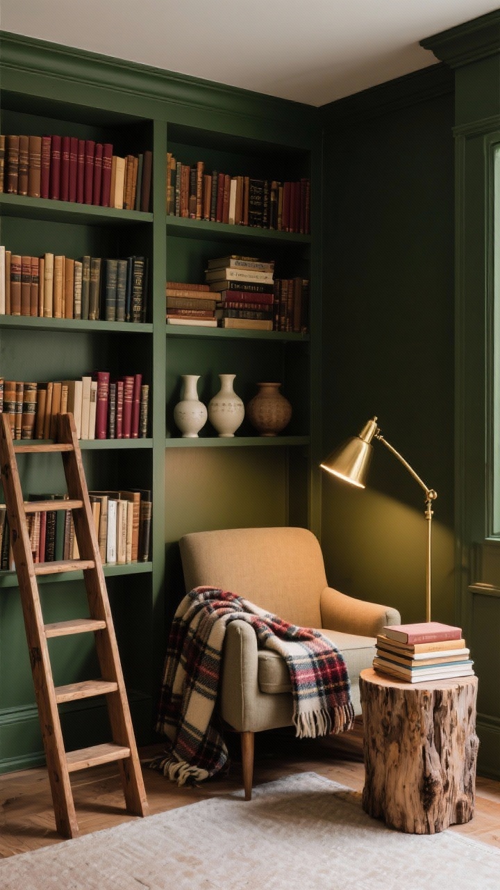 Intimate corner medium shot of a library nook: floor-to-ceiling shelves filled with books, a small wooden ladder or step stool, and a slouchy armchair draped with a plaid wool blanket. A brass reading lamp arcs over a round stump side table; books stacked horizontally with a few ceramic vases. Palette deep greens, oxblood, tobacco, cream; warm, focused reading light, photorealistic.