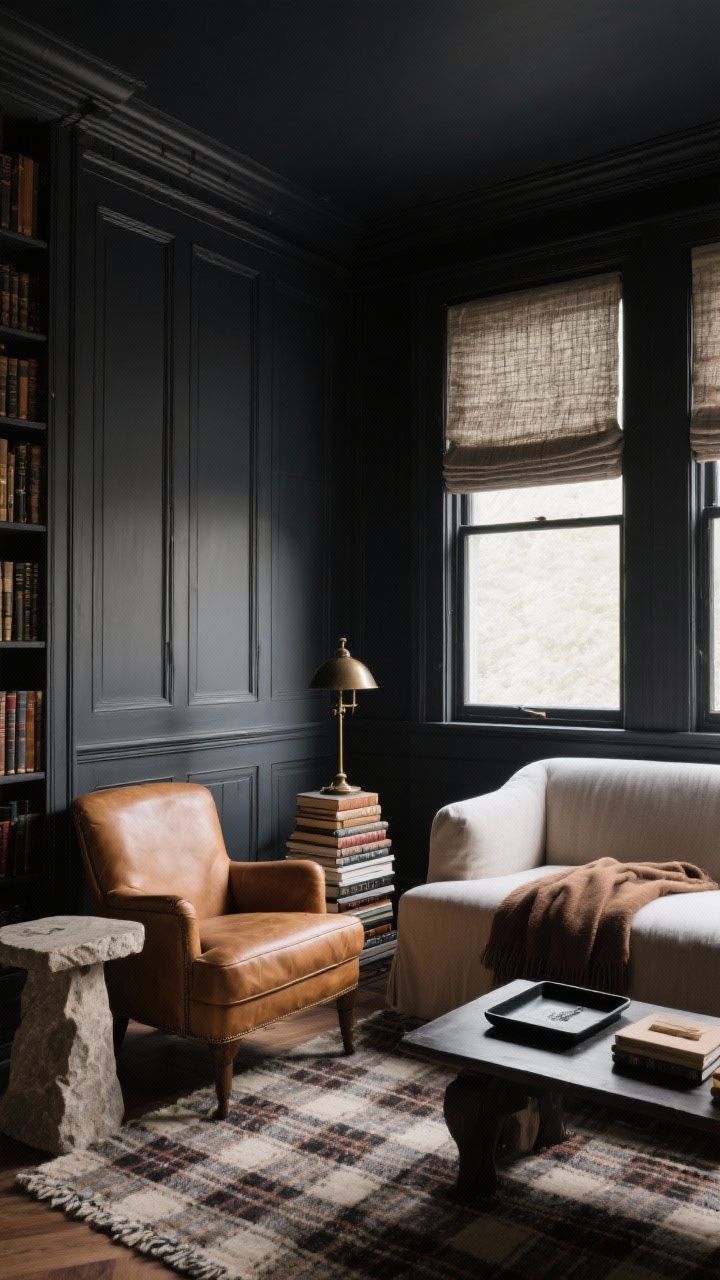 Intimate library corner, medium shot: charcoal paneled built-ins wrap the space with a matching dark ceiling; camel leather club chair beside a low slipcovered sofa; vintage-style plaid wool rug underfoot; bronze pharmacy lamp next to the chair; small heavy stone side table; stacks of linen-spined books, blackened tray, tobacco-colored throw; windows with textured flax Roman shades; moody, reading-light ambiance.