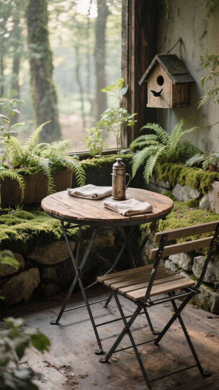 Intimate morning detail shot of a woodland breakfast corner: petite bistro set with a round iron table and reclaimed oak top, ladder-back chairs; mossy stone border and fern-filled planters blending into dappled forest shade; matte finishes—wrought iron, natural wood, linen napkins folded on the table; a birdhouse nearby and a vintage thermos set on the tabletop; soft, filtered light, closeup angle capturing textures.