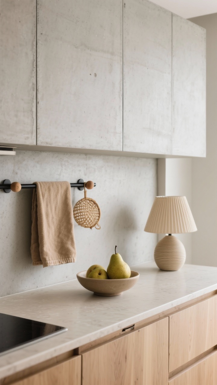 Japandi calm detail/closeup: matte concrete-look large panels as a seamless backsplash with minimal grout lines, light ash wood cabinets with integrated handles, sand-colored quartz counter, a single black rail with wooden pegs holding a tan linen towel and bamboo strainer, a low bowl of pears and a ribbed ceramic lamp; soft, diffuse daylight, tranquil composition.