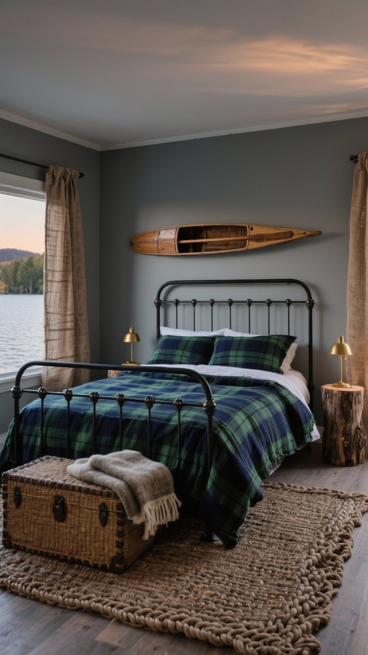 Lakeside guest room, cozy medium shot: classic black iron bed dressed in plaid flannel bedding in deep navy and forest green; soft gray walls, burlap-textured drapes; stump bedside tables with small brass lamps; a vintage canoe paddle mounted above the headboard; a wool camp blanket folded at the end, braided rug on the floor, woven trunk at foot; gentle evening glow.