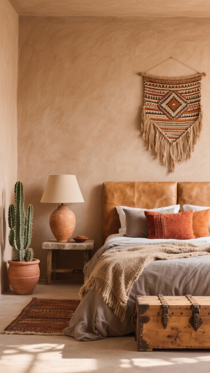 Medium angle: A desert neutral sanctuary with clay-beige walls, a camel leather headboard, cozy stone-colored bedding with a nubby throw and terracotta-and-rust pillows; an oversized ceramic lamp on a bedside, a woven wall hanging, a Moroccan-style rug, a cactus in a terra-cotta pot, and a low wooden trunk at the bed’s foot; warm sunlit ambiance, photorealistic.