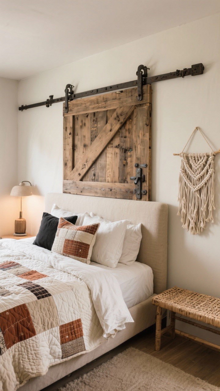 Medium bedroom scene: sliding barn door in weathered oak with forged iron hardware mounted behind a low upholstered headboard as an artful backdrop; layered thick quilts, patchwork pillows; wall-hung macramé off to one side; woven bench at foot of bed; palette oatmeal, soft white, rust, iron black; textures rough wood, iron, cotton, macramé; soft warm bedside lighting; slight corner angle.
