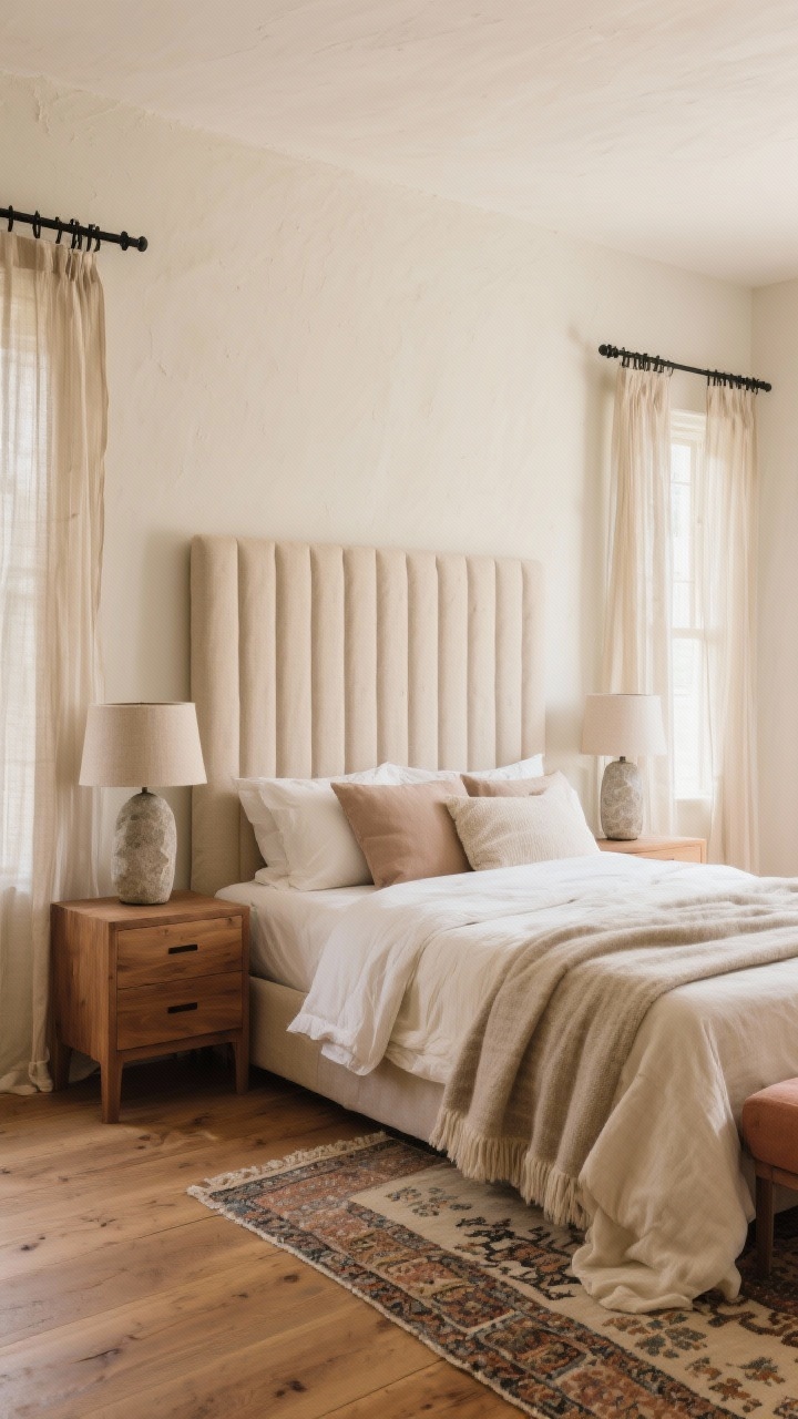 Medium bedroom shot: cozy neutral palette with plaster-look warm ivory walls; tall channel-tufted headboard in oatmeal linen; layered linen and wool bedding in creams, putty, and a whisper of clay; oak nightstands with slim drawers; stone lamps with linen shades; sheer flax curtain panels on black metal rods; wide-plank oak flooring with a vintage Turkish runner at the foot of the bed; serene, diffused lighting.