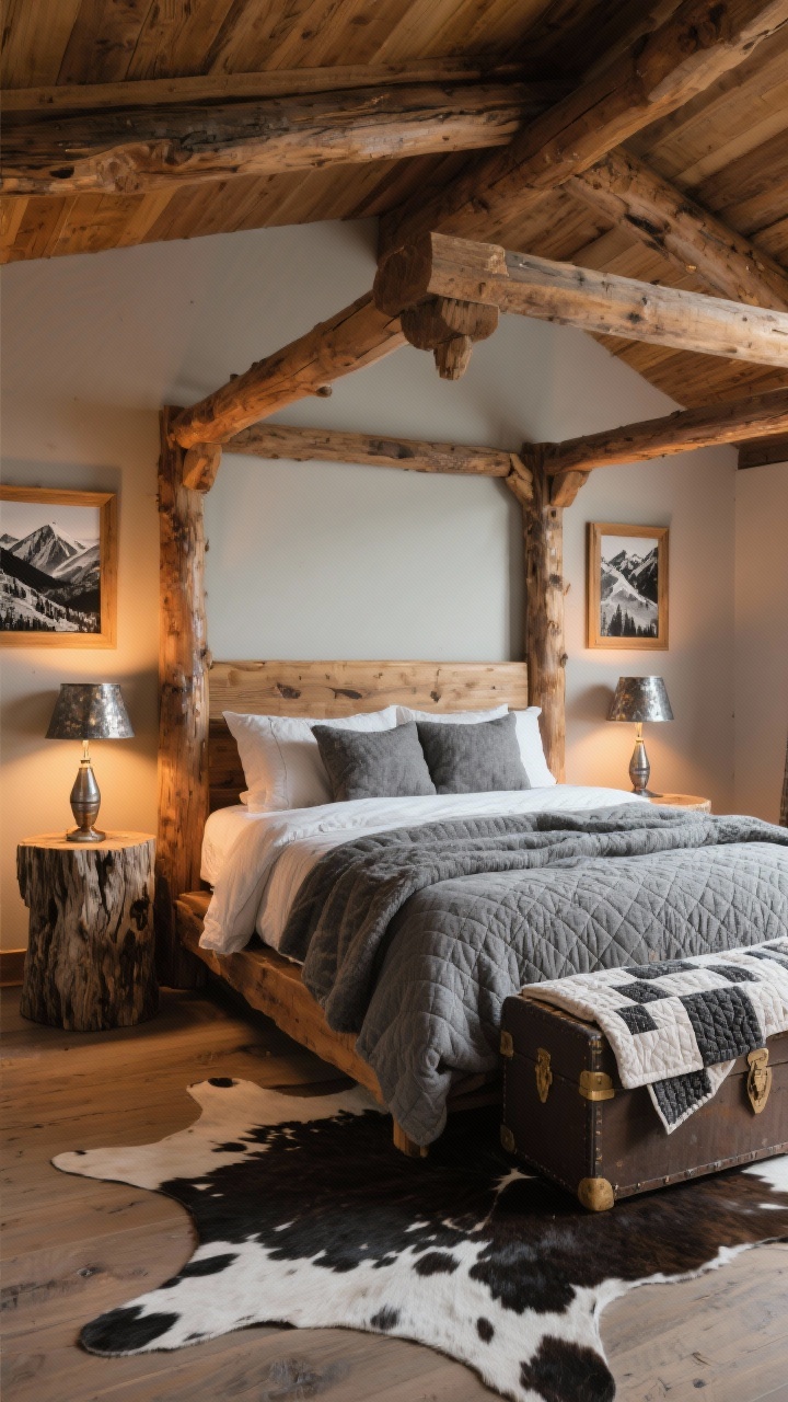 Medium bedroom shot with alpine lodge vibe: a rustic beam-style canopy bed in warm pine with layered stone-gray flannel bedding and quilted accents, raw-edged stump tables as nightstands holding hammered metal lamps, a cowhide rug underfoot, a trunk at the foot of the bed for quilts, and black-and-white mountain photography in barnwood frames; soft amber bedside lighting for a cozy weekend feel.