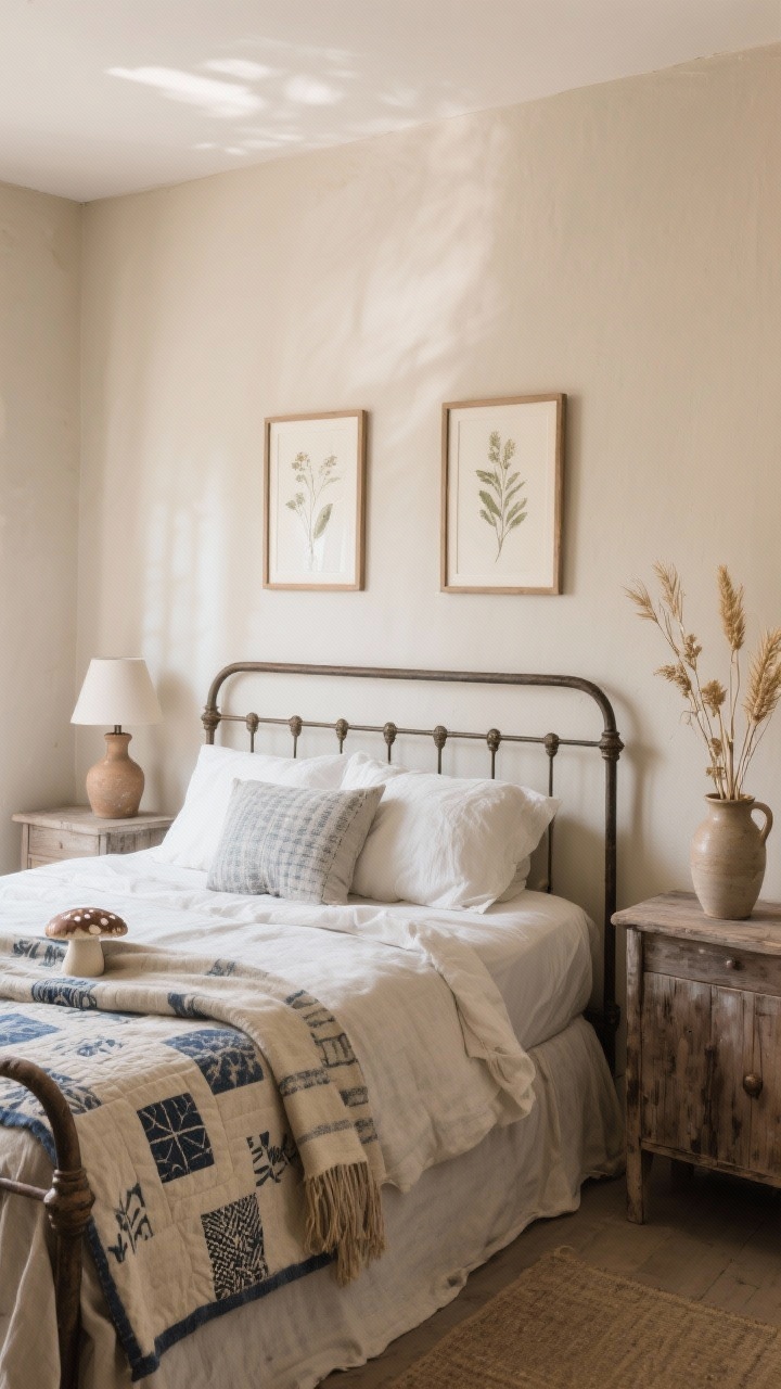 Medium bedroom view: Cozy linen retreat with a high iron bedframe dressed in stone-washed linen bedding, layered with a block-printed quilt and a timeworn throw; walls in soft mushroom beige; weathered wood nightstands topped with pottery lamps; simple botanical prints in thin wood frames; a ceramic pitcher holding dried stems; palette of mushroom, oat, and faded indigo; gentle morning light, photorealistic.