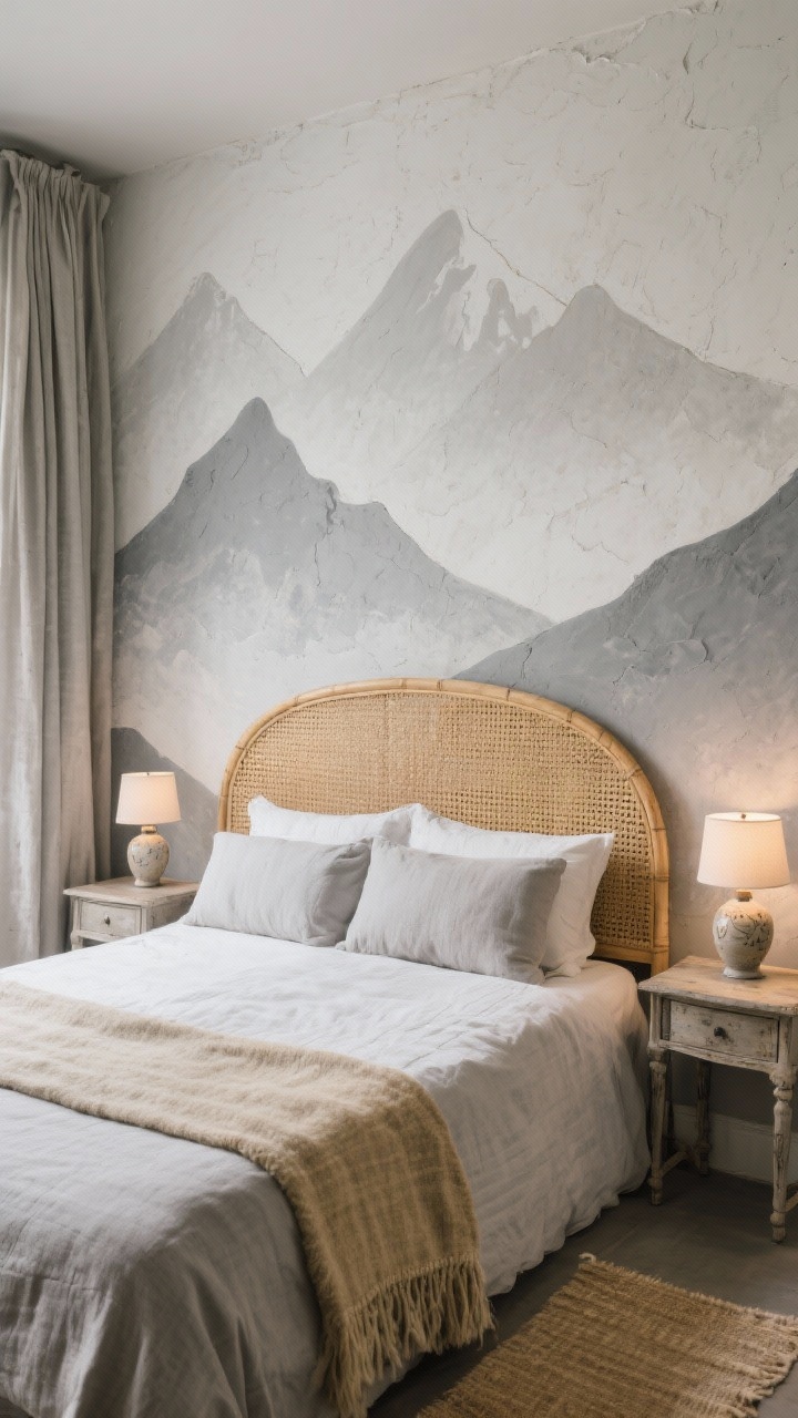 Medium bedroom wall scene: hand-troweled plaster mural with subtle tonal gray mountain silhouettes; curved honey cane headboard placed against it; flax bedding, antique nightstands, tiny ceramic lamps, simple linen drapery; wool runner at the foot; palette fog gray, flax, honey cane, soft charcoal; textures plaster, cane, linen, wool; soft, hush-quiet warm lamp lighting; straight-on, serene composition.