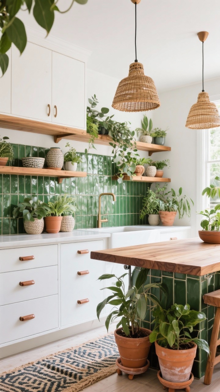 Medium botanical composition: White lower cabinets with no uppers; floating warm wood shelves packed with plants and textured ceramics. Glossy eucalyptus green tile backsplash in vertical stack behind. Rattan pendants hang above a portable butcher block island used as both prep space and plant stand, with terracotta planters clustered below. Patterned runner on the floor. Leather pulls on drawers. Bright natural light, lush and airy, photorealistic.