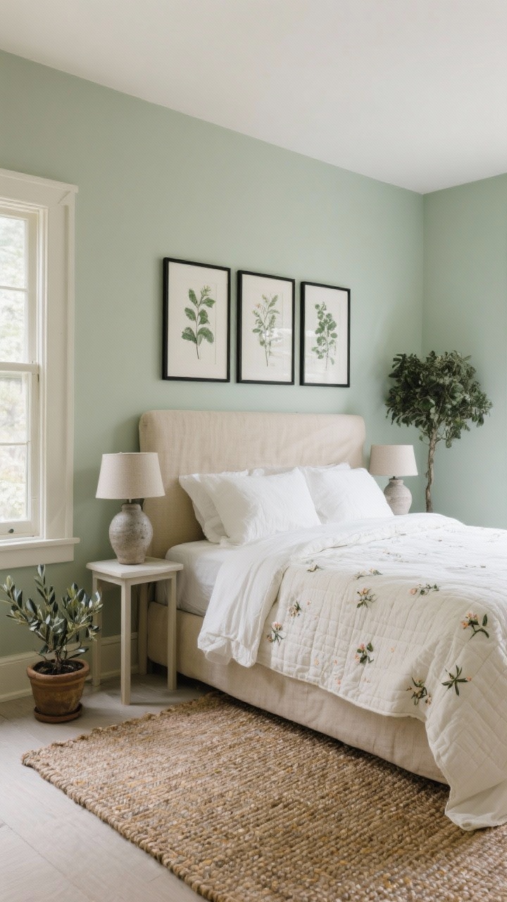 Medium calming corner: soft sage painted walls, botanical prints in slim black frames arranged above an oatmeal linen upholstered headboard, stoneware lamps on simple side tables, woven rug underfoot, thin quilt with tiny floral sprigs; small potted olive tree near the window; palette sage, oatmeal, black accents, cream; diffused daylight; angled view.