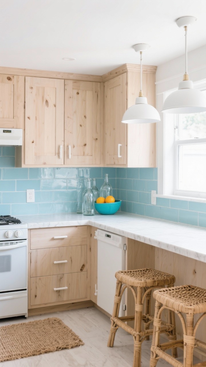 Medium coastal minimal kitchen: bleached oak cabinets, powder-blue ceramic backsplash, white quartz counters; white enamel pulls that blend softly; woven textures—jute runner on the floor and cane-backed stools; decor of clear glass bottles and a bright citrus bowl; white enamel pendants overhead with soft daylight; breezy, casual, seaside vibe; corner angle.