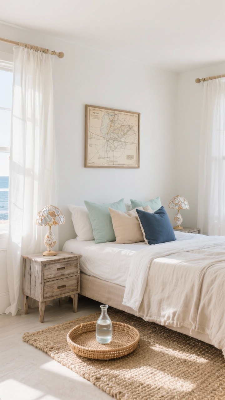 Medium corner angle: A breezy coastal guest room with soft white walls, natural linen bedding on a low relaxed bed layered with pillows in sand, seafoam, and slate blue, airy sheer curtains filtering sunlight, a woven jute rug, weathered wood nightstands topped with capiz shell lamps, a framed vintage nautical map above, and a rattan tray with a glass carafe of water; soft beachy daylight, photorealistic.