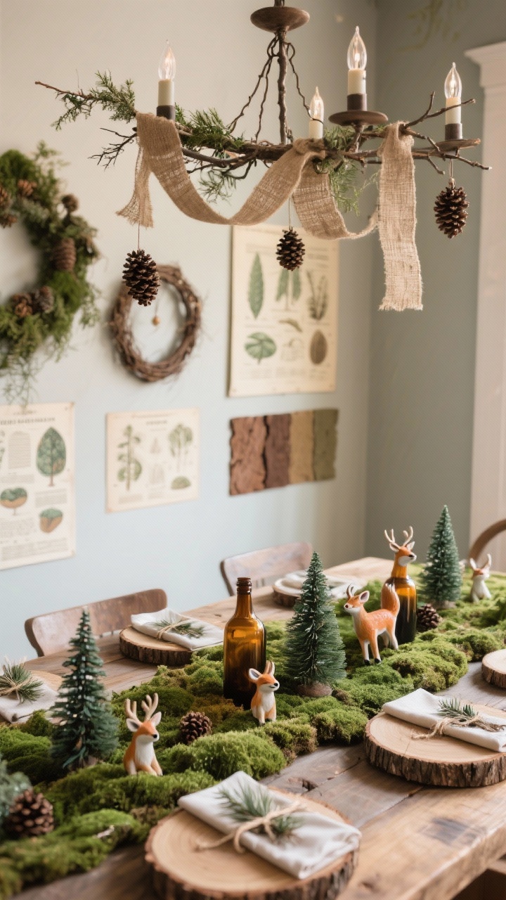 Medium corner-angle shot of woodland whimsy: moss runner down a rustic table, wood slice chargers, tiny ceramic deer and fox figurines dotted among greenery; twine-wrapped napkins, mini pine tree place markers; amber glass bottles with cedar sprigs; pinecone ornaments hanging from a chandelier above; burlap ribbon, twig wreaths, vintage field guide prints on the wall; palette moss, bark brown, sage, cream; soft, earthy light.