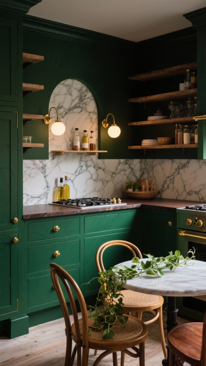 Medium corner view of a moody emerald and brass boho bistro kitchen: deep emerald green lower cabinets with brass cup pulls, upper cabinets replaced by open shelving, a petite arched niche above the stove holding salts and oils, dark walnut countertop, veined marble-look backsplash, double globe sconces above shelves, a petite bistro table with mismatched bentwood chairs, a trailing pothos adding softness, low warm lighting, photorealistic.