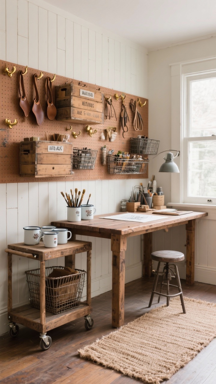 Medium craft room workspace: beadboard walls painted warm clay, sturdy farmhouse table with paint patina; pegboard wall above organizing tools with leather loops and brass hooks; labeled crates and vintage wire baskets storing supplies; rolling wood cart beside the table; enamel mugs holding brushes; jute runner on the floor; natural daylight from a nearby window with a stool poised for sketching; photorealistic, no people