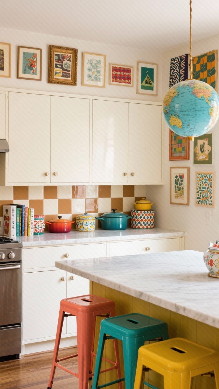 Medium, eclectic gallery kitchen wall: warm white cabinets below a tan-and-ivory checkerboard backsplash, countertop styled with glossy cookbooks, colorful enamelware, and patterned tea tins, one wall dedicated to salon-style gallery of framed prints and textiles in varied sizes, mismatched bright bar stools (coral, teal, mustard) at an island edge, retro globe pendant above, lively yet cohesive, photorealistic.