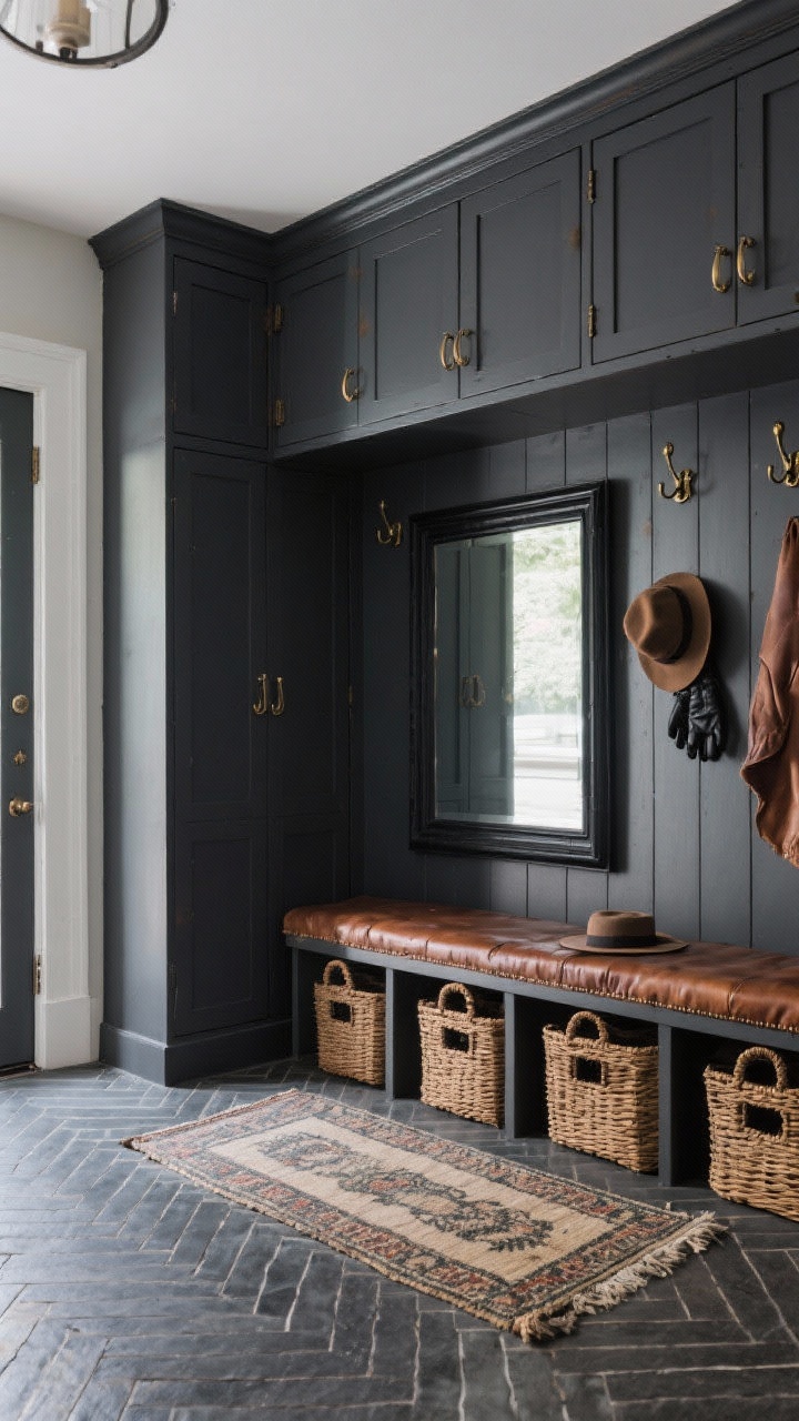 Medium entry mudroom, straight-on: herringbone slate tile floor, built-in cubbies with shaker doors and antique brass hooks; cabinetry painted deep charcoal to hide scuffs; bench topped in saddle leather with wicker baskets below for hats and gloves; a vintage runner and a large black-framed mirror reflect light; practical, handsome feel, photorealistic, no people