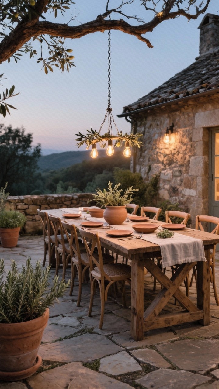 Medium evening shot of a stone cottage dining terrace on flagstone: a long reclaimed wood trestle table flanked by cross-back bistro chairs; an overhead branch chandelier with Edison bulbs on a simple chain providing warm light; linen runner, ceramic crock filled with olive branches, clay plates in chalky finishes; terra-cotta planters packed with rosemary and thyme around the scene; warm, old-world texture, side angle.