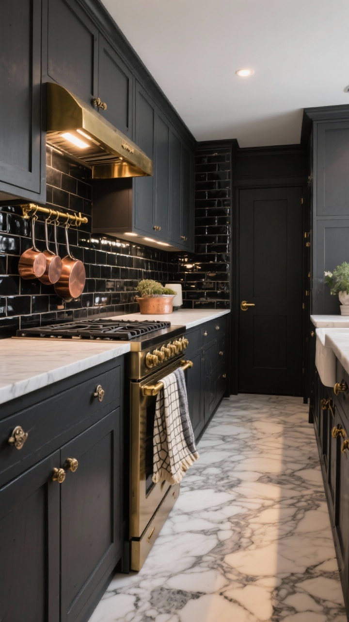 Medium galley view from one end: Moody charcoal shaker cabinets with a black soapstone-look countertop, glossy dark backsplash tiles reflecting light, and antique brass hardware. A brass pot rail holds copper pans; a slim brass picture light over the stove creates a warm glow. Large-format marble-look peel-and-stick flooring elongates the galley. Waffle tea towels in cream and charcoal hang from the oven handle. Palette: charcoal, brass, black, cream. Low, cozy lighting with highlights from the glossy tiles, photorealistic.