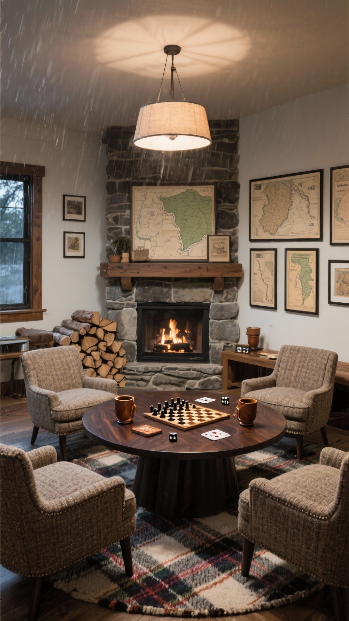 Medium game lounge near a compact stone fireplace: round dark walnut game table surrounded by tweed club chairs; stacked firewood beside the hearth; gallery wall of vintage trail maps; leather dice cups and a checkers set on the table; plaid rug for whimsy; shaded overhead fixture casting soft, card-night light; cozy, rainy-day ambiance, photorealistic, no people