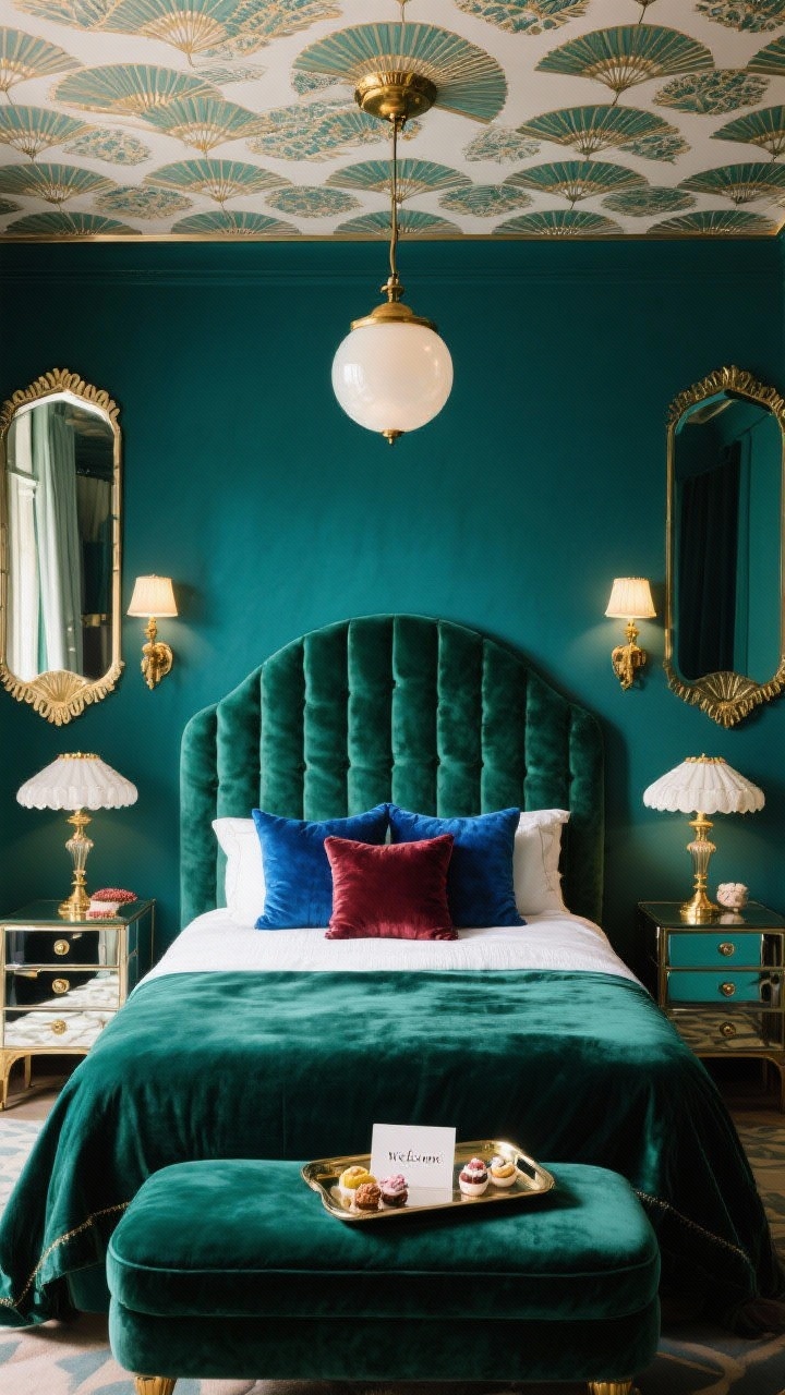 Medium glamour shot of an Art Deco bedroom: deep teal wall with an arched channel-tufted emerald velvet headboard. Jewel tones layered with sapphire and garnet pillows, brass details. Fan-patterned wallpaper on the ceiling, deco mirrors, scalloped lamps on mirrored nightstands, lacquer dresser, velvet ottoman at the foot. Opal globe pendant and antique brass sconces casting a warm glow. A velvet-lined tray with a welcome note and sweets on the nightstand. Rich, luxe lighting.