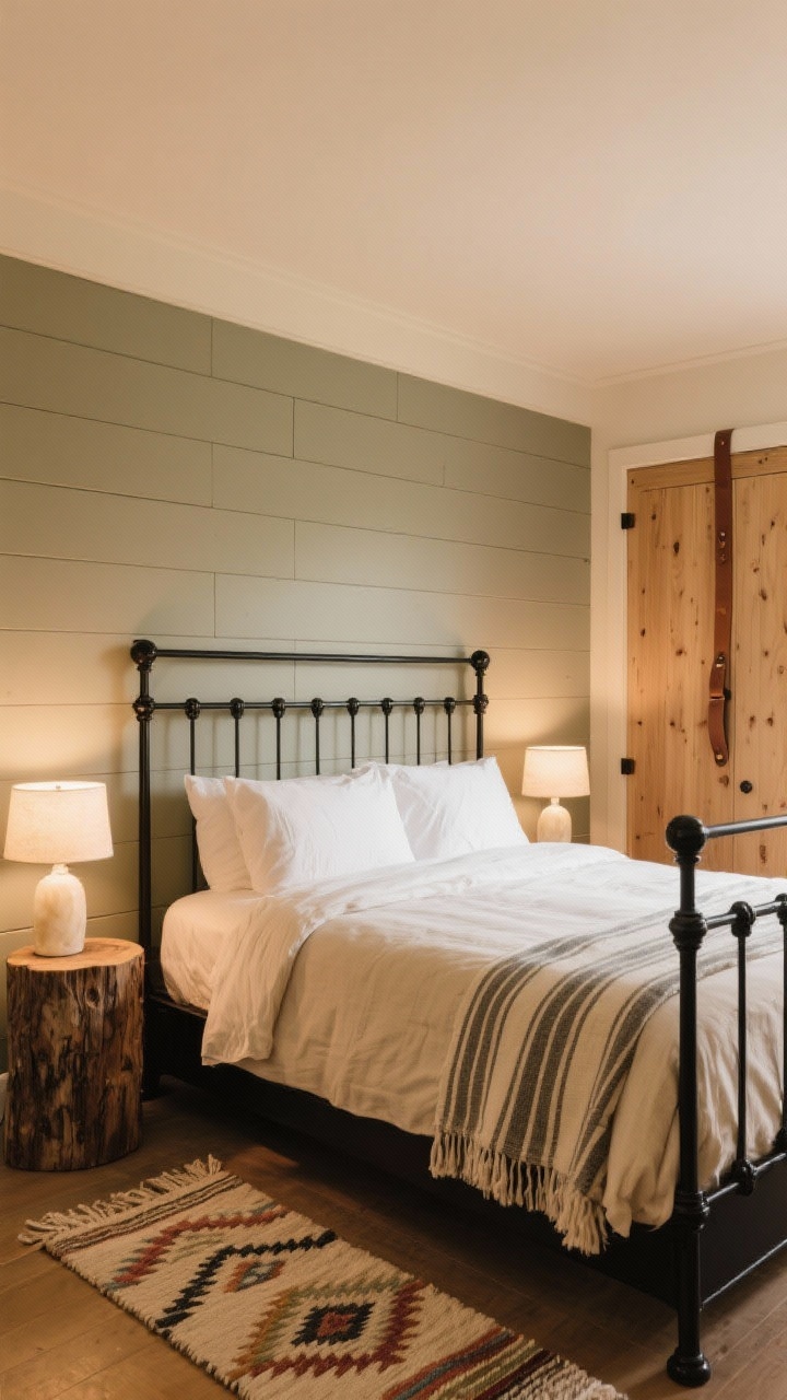 Medium guest room: matte black iron bed against a muted shiplap accent wall; creamy linen bedding with a subtle striped throw at the foot; stump side tables with small alabaster lamps; flatweave kilim runner adding gentle color; other walls in warm putty; simple pine wardrobe with leather strap pulls; boutique-hotel coziness with warm ambient lighting.