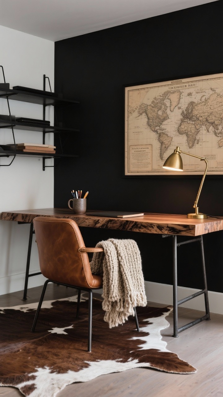 Medium home office scene: live-edge desk on iron legs, camel leather desk chair, matte-black wall-mounted shelving behind; palette of ink black, walnut, and parchment; antique map on the wall, chunky knit throw draped over the chair; heavy ceramic mug holding pens; brass-armed task lamp casting warm light; cowhide rug grounding the space; focused, moody ambiance, photorealistic, no people