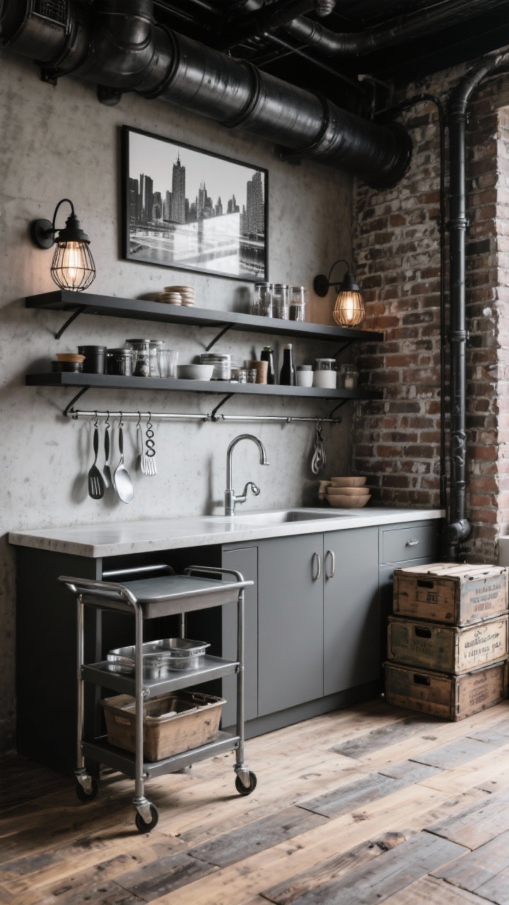 Medium industrial vignette: Industrial mini kitchen with concrete-look countertops, matte black pipe shelving loaded with essentials, and a brick veneer backsplash sealed with a slight satin finish. Flat-front graphite laminate cabinets below. Caged sconces flank the shelves, a stainless steel rail with S-hooks holds utensils, and a rolling metal prep cart sits nearby with vintage crates stacked for storage. Floor: weathered oak planks. Black-and-white city photography on the wall. Gritty, directional lighting, photorealistic.