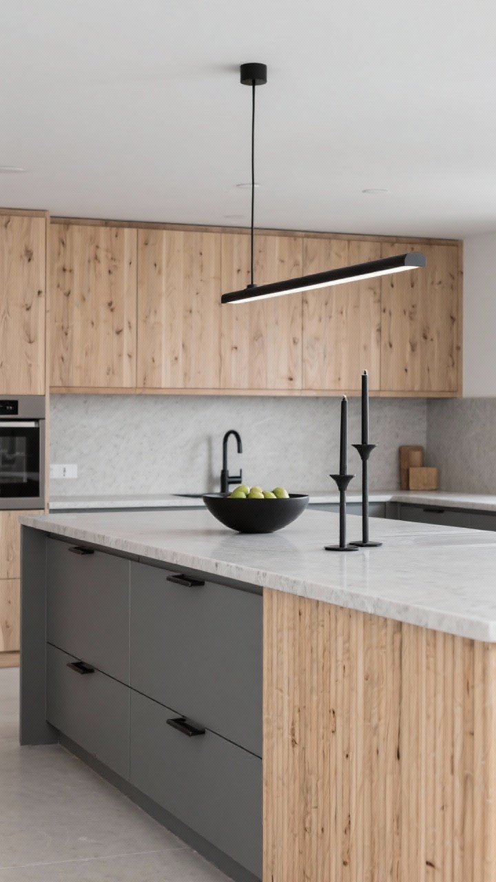 Medium island-focused shot: graphite lower cabinets, light oak upper cabinets, fluted oak island front offering subtle texture, light concrete-look quartz countertop matte and clean; a single linear pendant centered above the island, slender black bar pulls, a sculptural black fruit bowl and tall black candlesticks adding restrained drama; balanced, designer feel.