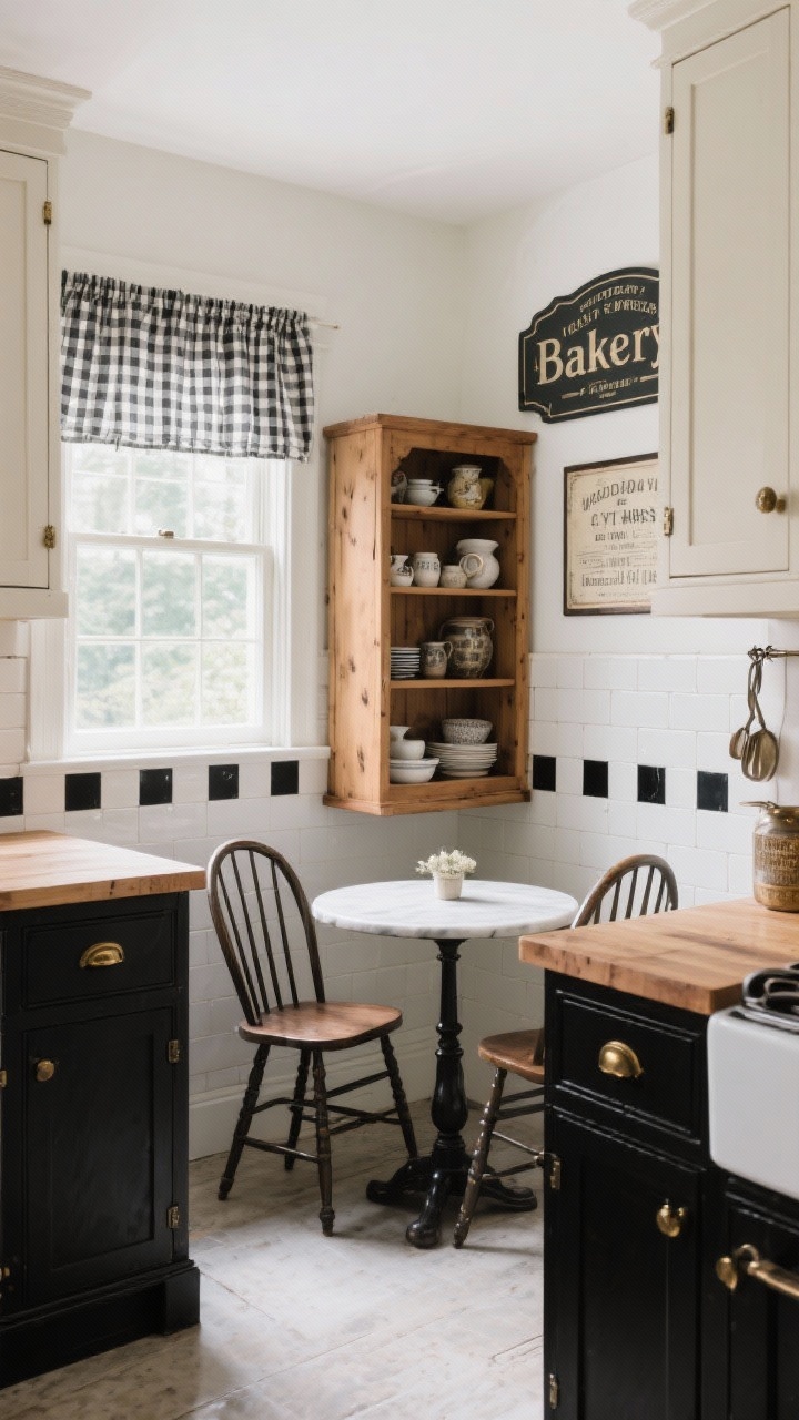 Medium kitchen nook: Black-and-white cottage kitchen with ink black lower cabinets and creamy white uppers; freestanding pine hutch showcasing collected wares; small round bistro table with two spindle chairs by a window; butcher block counters; gingham cafe curtain softening the window; checkerboard backsplash tiles in soft black and ivory; consistent metal choice (aged brass or nickel) repeated; vintage bakery sign art; bright but cozy daylight, photorealistic.