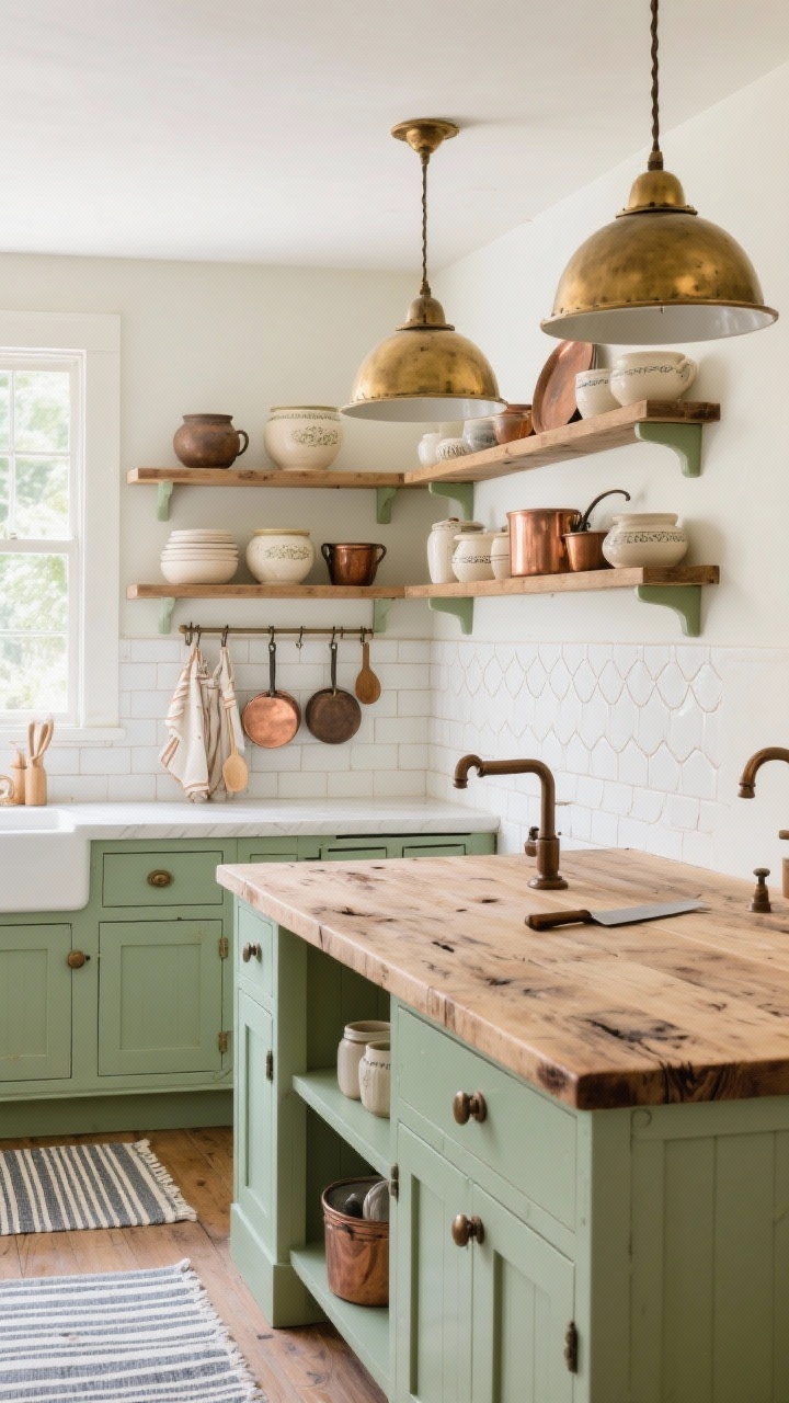 Medium kitchen scene: Storybook kitchen with soft sage green shaker lower cabinets, open wood wall shelves displaying stoneware, copper pots, and mismatched creamware; a well-worn butcher-block island with knife marks, oil-rubbed bronze hardware, two brass dome pendants over the island; handmade slightly wavy white subway tile backsplash; striped runner on the floor; peg rail with aprons and wooden spoons; bright yet warm daylight, photorealistic.