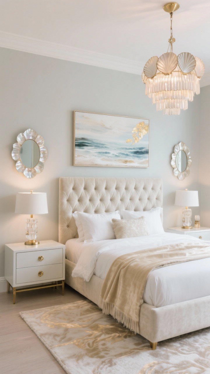 Medium, luxe coastal glam vignette: pale greige walls behind a tufted velvet headboard in oyster or dove, pearl-toned bedding with a champagne throw, a silk-like rug underfoot; light lacquer nightstands with brushed brass hardware, capiz chandelier overhead or shell-inlay table lamps; art of soft abstract seascapes with subtle gold leaf accents; a mother-of-pearl inlay mirror over a slim console; refined, softly glowing light.