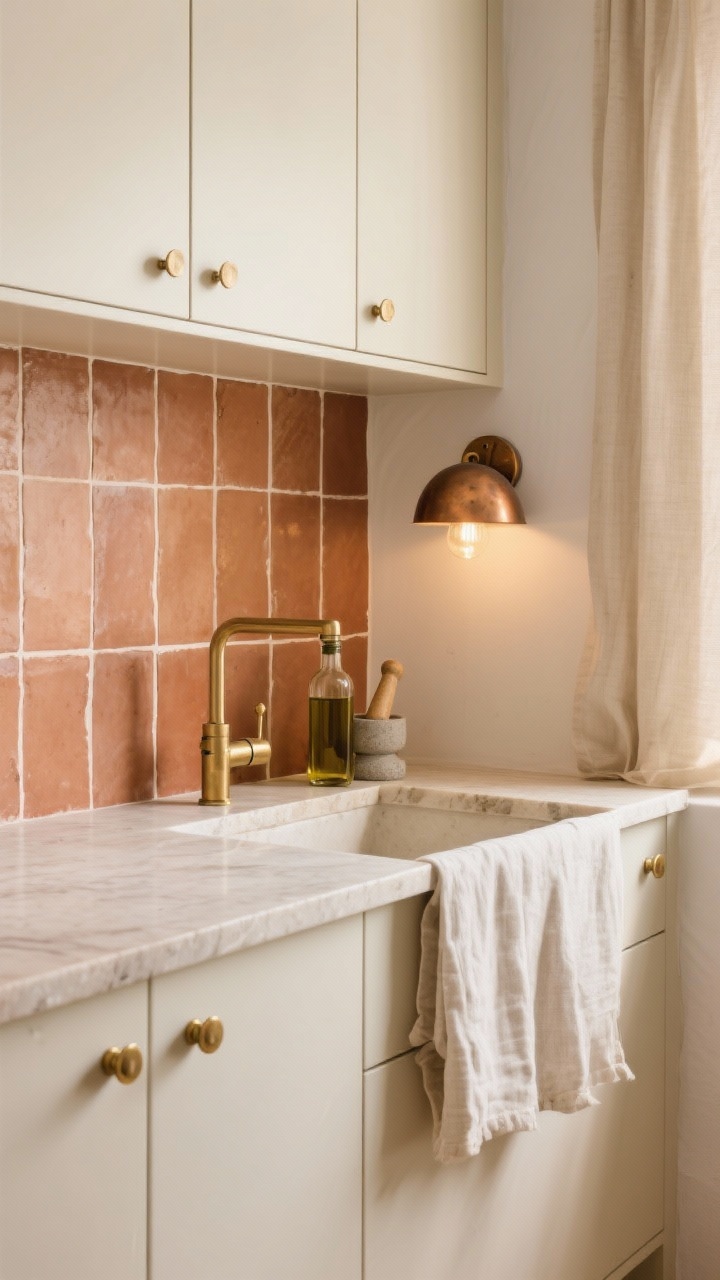 Medium Mediterranean minimal: creamy flat cabinets, slim terracotta or zellige tiles in vertical stack as backsplash, pale stone counter with subtle movement; warm brushed brass faucet and brass knobs; simple mortar and pestle, olive oil bottle; linen curtain panel over under-sink cabinet for softness; small dome sconce in warm metal glowing; sun-washed, soulful minimalism; three-quarter angle.