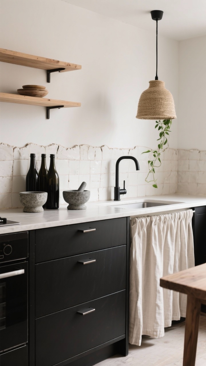 Medium minimalist kitchen vignette: matte black cabinets with integrated pulls, a run of light oak open shelving above a handmade off-white tile backsplash with uneven edges, pared-back decor including a linen cafe curtain over the lower sink cabinet, two stone mortars, a cluster of dark glass bottles, a jute pendant and sleek black faucet, single trailing plant for motion, soft natural light, photorealistic.