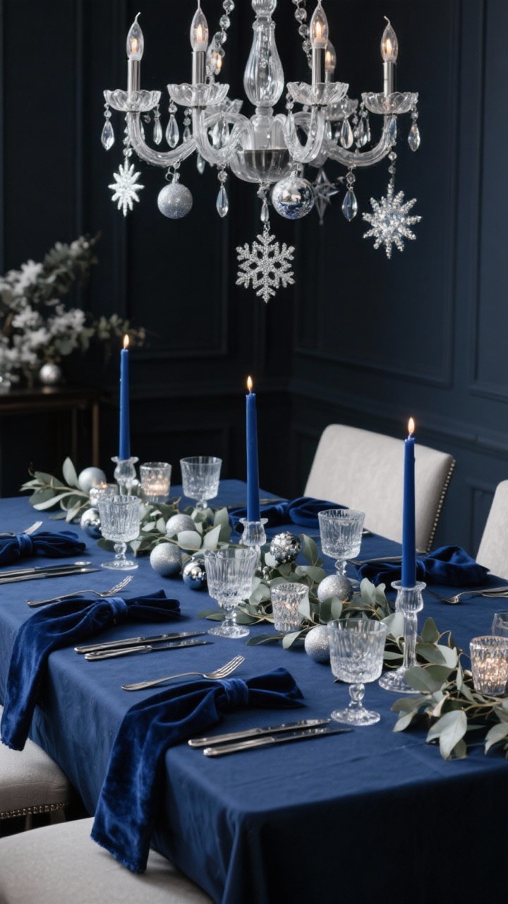 Medium, moody dining vignette in midnight blue and silver: navy tablecloth, midnight blue taper candles in holders; frosted eucalyptus runner with silver baubles and mercury glass votives for icy sparkle; smoky glassware, silver flatware, napkins tied with blue velvet ribbons; snowflake garland and starburst ornaments hanging from the chandelier shimmering overhead; palette navy, charcoal, silver, icy blue; low, cool lighting with reflective highlights.