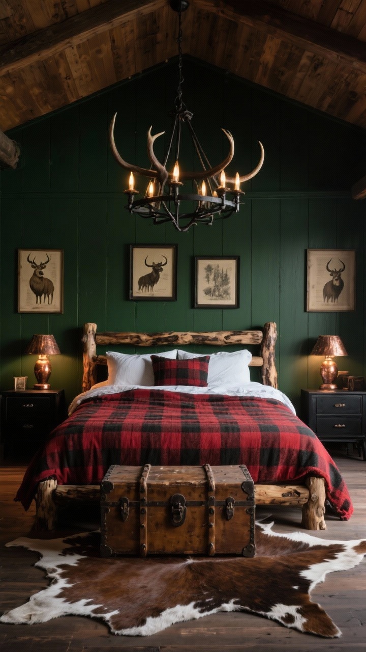 Medium, moody primary bedroom view: deep forest green walls behind a rough-hewn log bed dressed in red-and-black buffalo plaid layers; iron antler-style chandelier overhead; black nightstands with hammered-bronze lamps; vintage wildlife prints on the wall; a cowhide rug underfoot and a rugged trunk at the bed’s foot; warm, camp-lodge ambiance, evening lamplight, photorealistic, no people